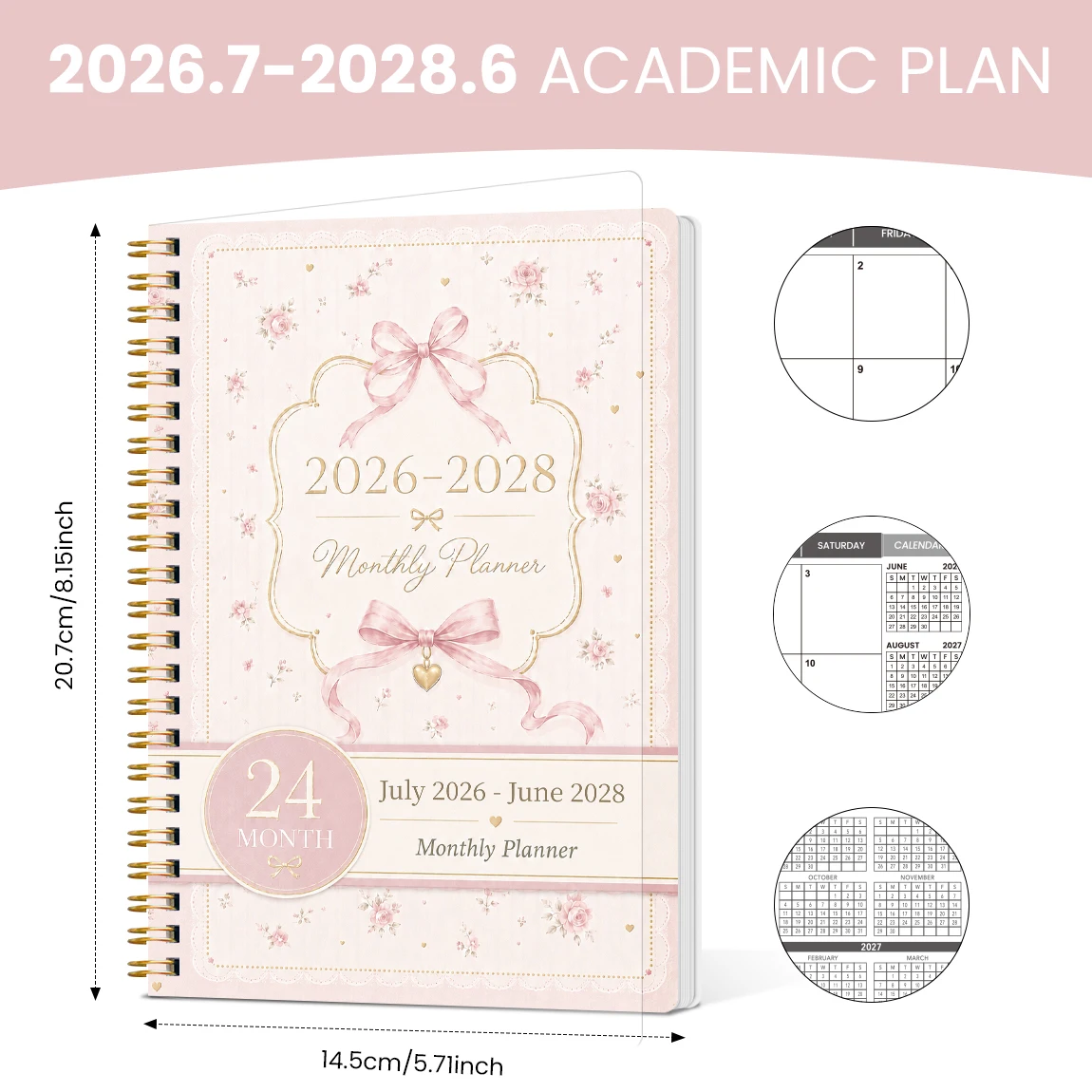1 Pezzo Agenda Mensile Accademica 2026-2028, Calendario a Spirale A5 per 24 Mesi con Blocchi Grandi, Note, Copertina Floreale Rosa con Fiocco - immagine 4