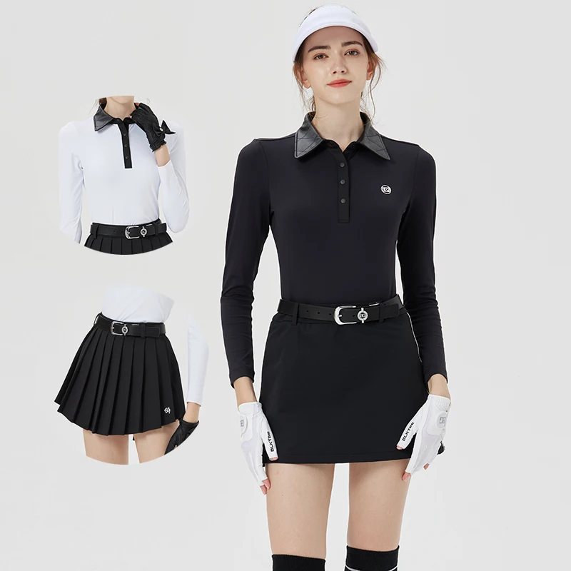 

Blktee Autumn Women Leisure Golf T-shirt Leather Polo Neck Tops Lady Slim Anti-exposure Skirt High-Waist Pleated Culottes Korean