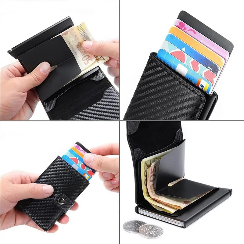 Carbon Fiber Credit Card Holder Wallet Men Rfid Smart Metal Thin Slim Pop Up Minimalist Wallet Small Black Purse Metal Case