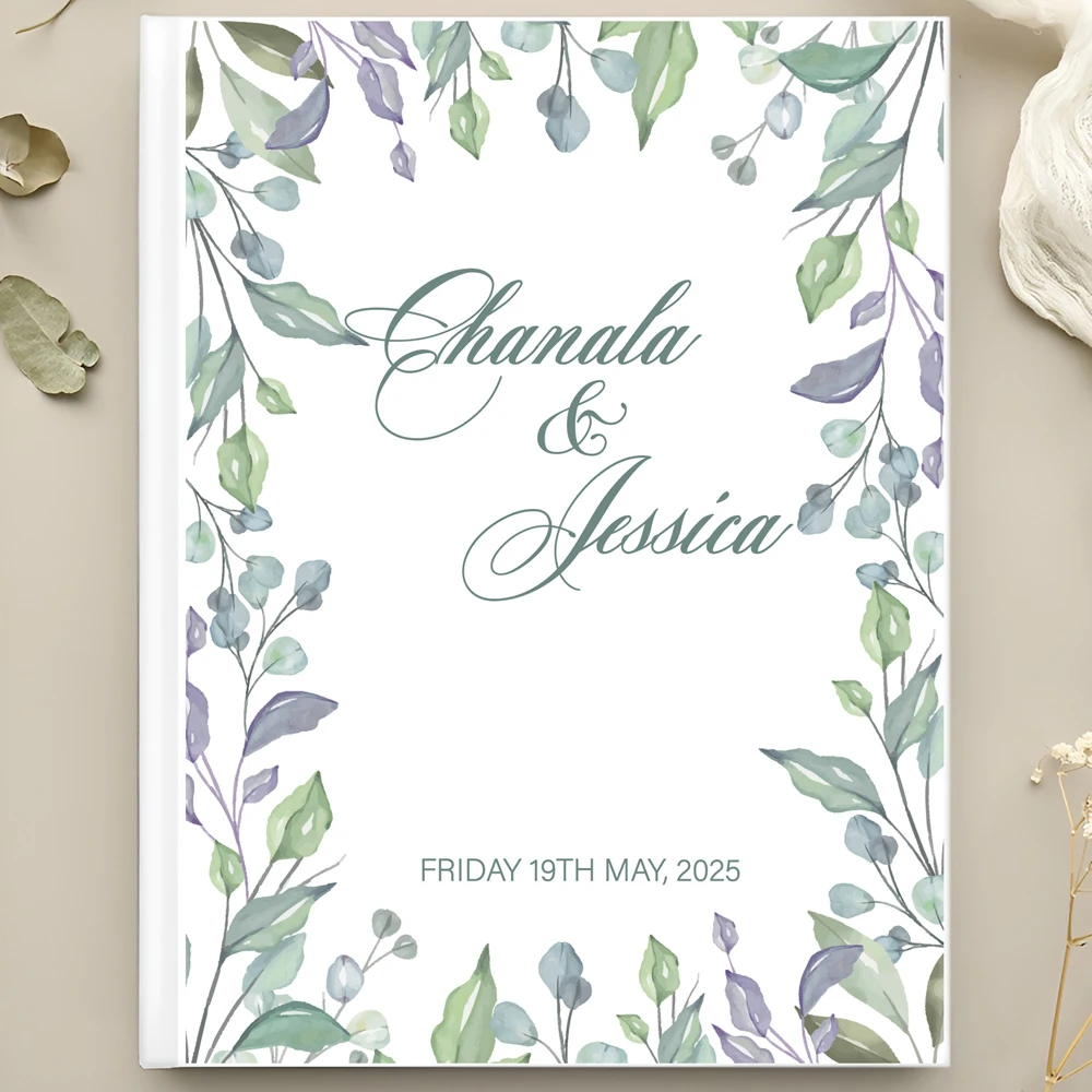 Personalized Wedding Guest Book White Wedding Guest Book with Floral Green Leaf Name Date Scrapbooking