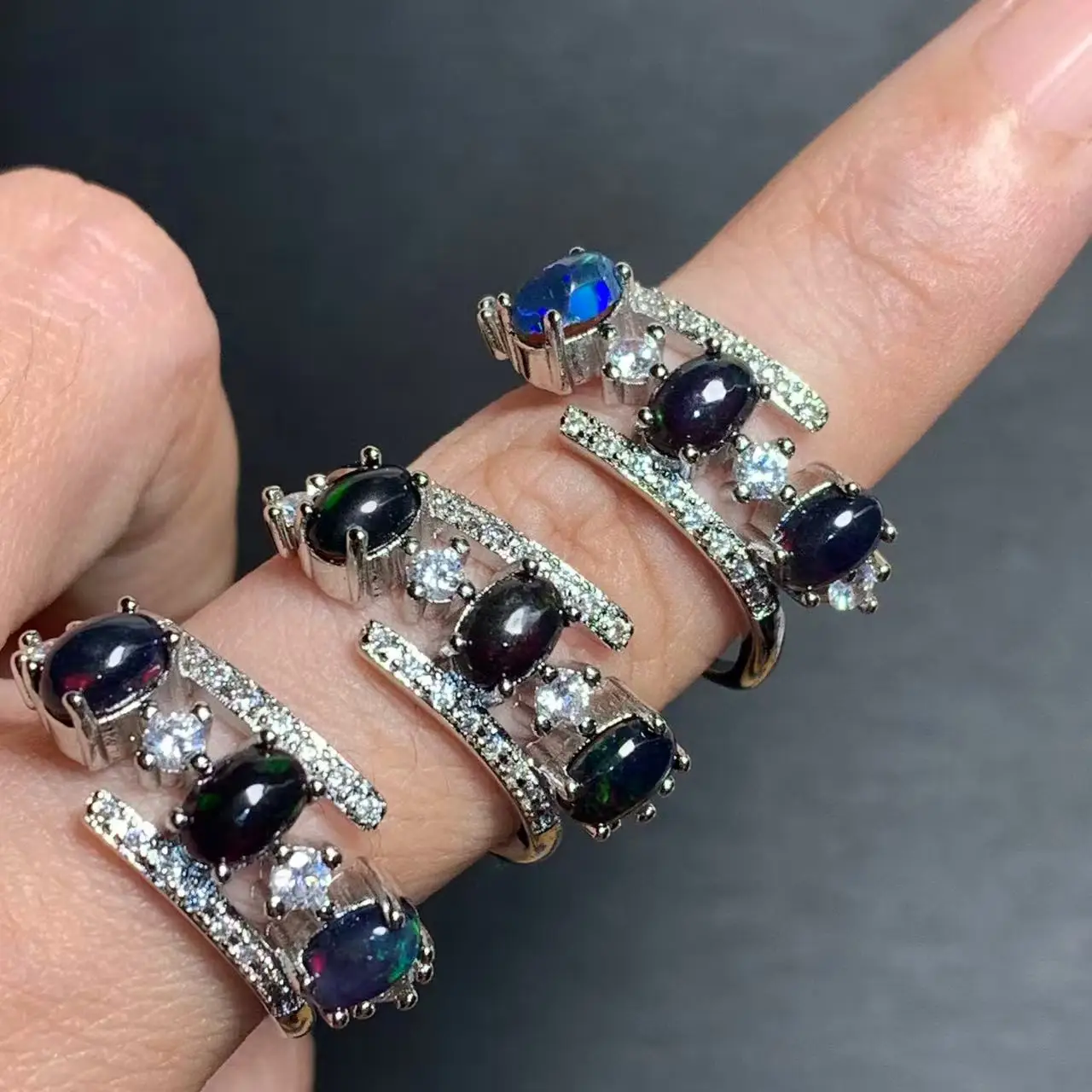 Authentic Natural Black Opal Ring Adjustable Female Stone Ring Jewelry for Women Gift Wholesale Vintage Fine Wedding