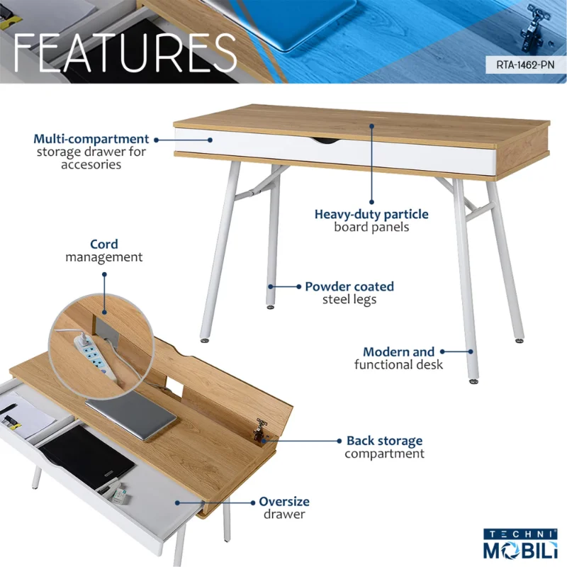 Description Picture 4 of itemModern Multi Storage Computer Desk with Storage, Pine   Standing Desk
