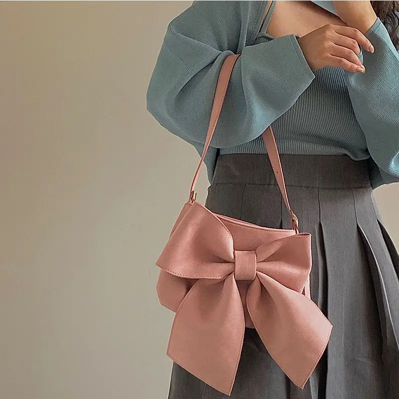 

Xiuya Pink Elegant Womens Handbag Sweet Bow Korean Fashion Designer Luxury Shoulder Bag Exquisite Casual Cute Female Armpit Bag