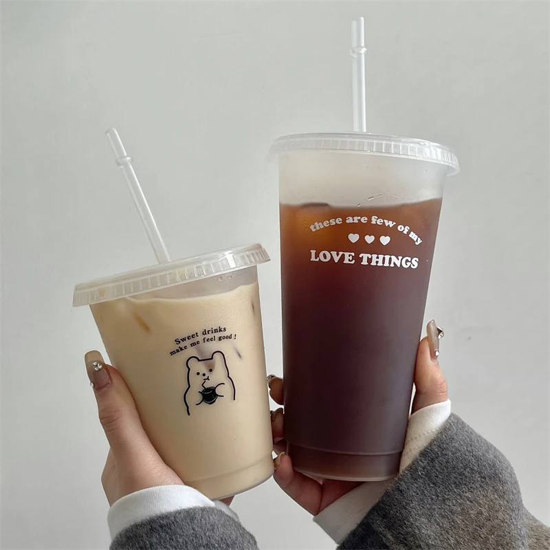 

Korean Ins Cold Cup with Lid Straw Reusable Bottle Cute Printed Water Bottle for Coffee Juice Milk Tea Portable Drinkware Bottle
