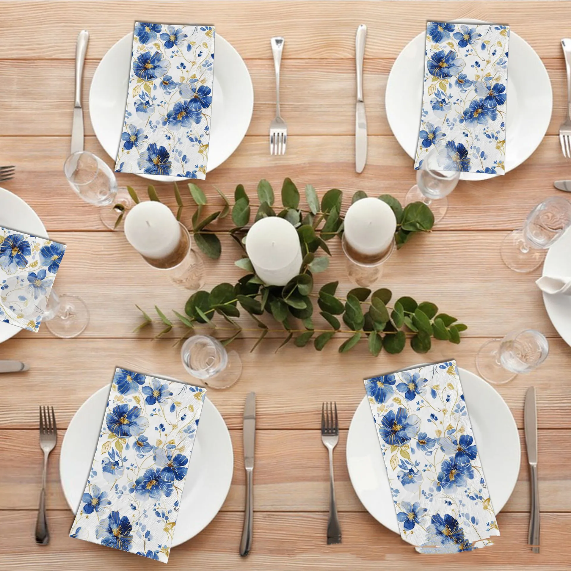 100PCS Watercolor Blue Flower Paper Napkins Disposable Hand Paper Towels For Wedding Party Dining Table Decor