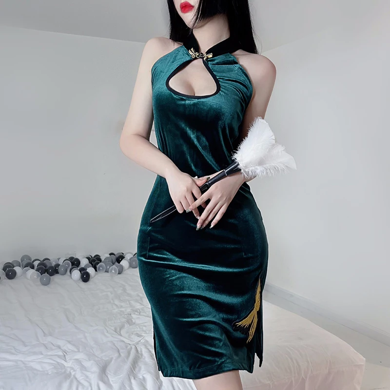 Green Chinese Style Classical Long Cheongsam Embroidery Hollow Uniform ...