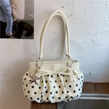 Borsa a tracolla con motivo a pois e ciondolo a stella, borsa hobo da donna con fiocco decorativo, grande capacità, borsa versatile retrò per il pendolarismo quotidiano