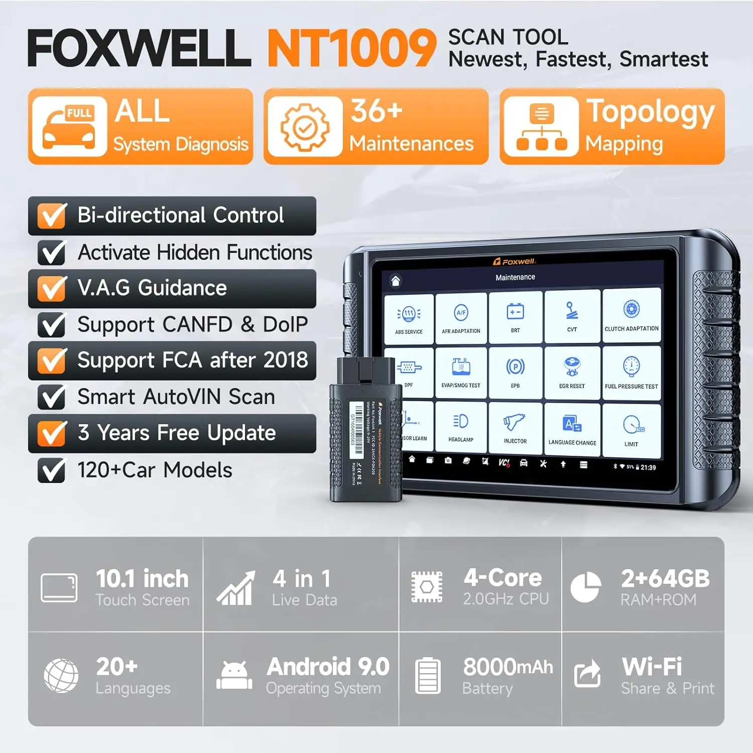 أداة تشخيص السيارات FOXWELL NT1009 أداة مسح ثنائية الاتجاه لجميع النظام وحدة التحكم الإلكترونية ترميز CANFD DOIP 36 + إعادة تعيين ماسح ضوئي Obd2 للسيارة