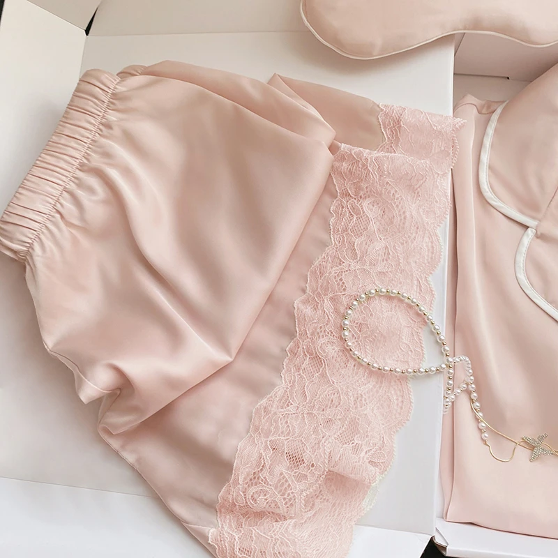 Lace Patchwork Pink Sexy Two Piece Pajama Set Summer Women's V-Neck Top and Shorts Set Fashion Women's Pajama Set Home Clothes