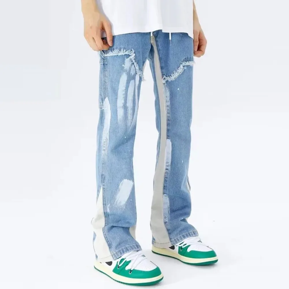 2023 new jeans loose flare overalls men's personalized patchwork jeans drawstring sweatpants multi-pocket men's denim trousers
