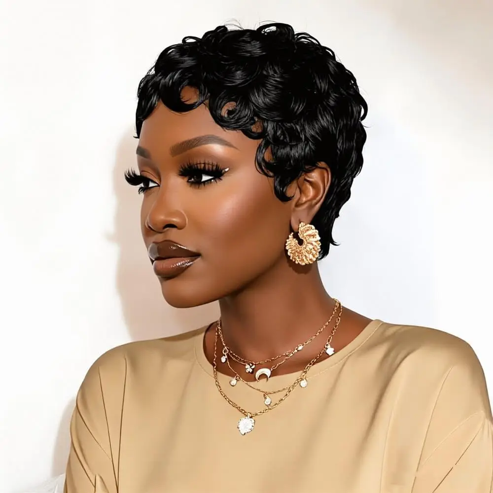 Parrucca da donna in capelli umani, taglio pixie, interamente realizzata a macchina - corta, a strati, riccia con frangia, pre-pizzicata, pronta da indossare per uso quotidiano, dall'aspetto naturale.