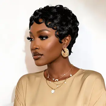 Parrucca da donna in capelli umani, taglio pixie, interamente realizzata a macchina - corta, a strati, riccia con frangia, pre-pizzicata, pronta da indossare per uso quotidiano, dall'aspetto naturale.