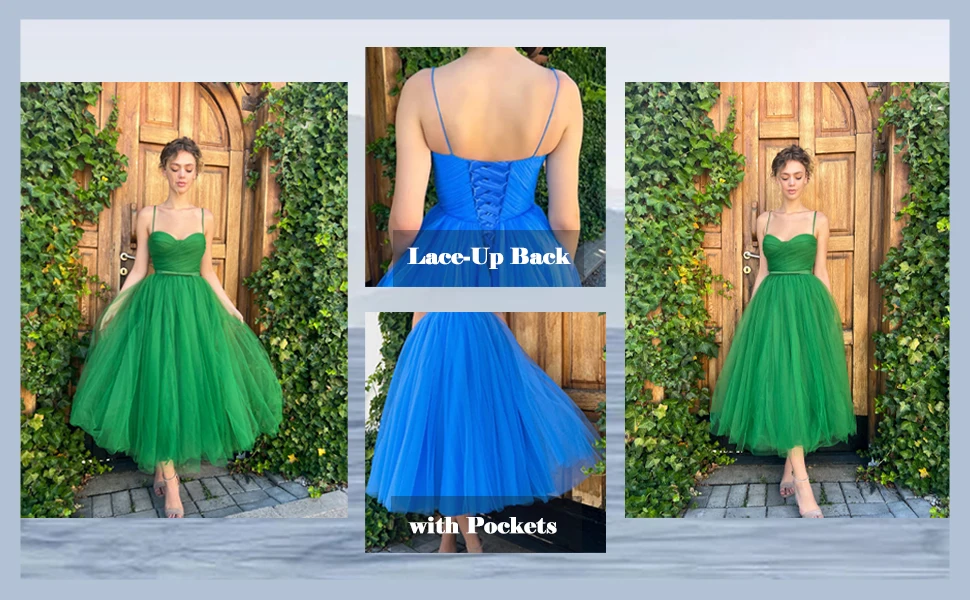 Tüll Tee Länge Ballkleider Rückenfrei Sweetheart Spaghetti-Trägern Elegante Formale Abend Party Kleid