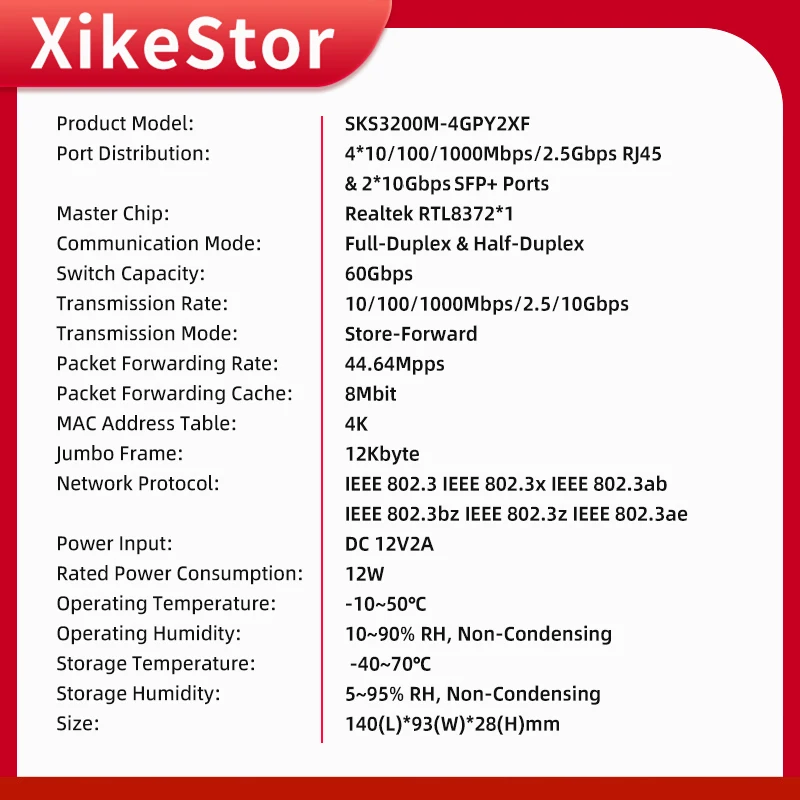 XikeStor 6-portowy przełącznik L2 z 4 portami RJ45 2,5G i 2 portami 10G SFP+ do zarządzania internetem VLAN Division Port Aggregation