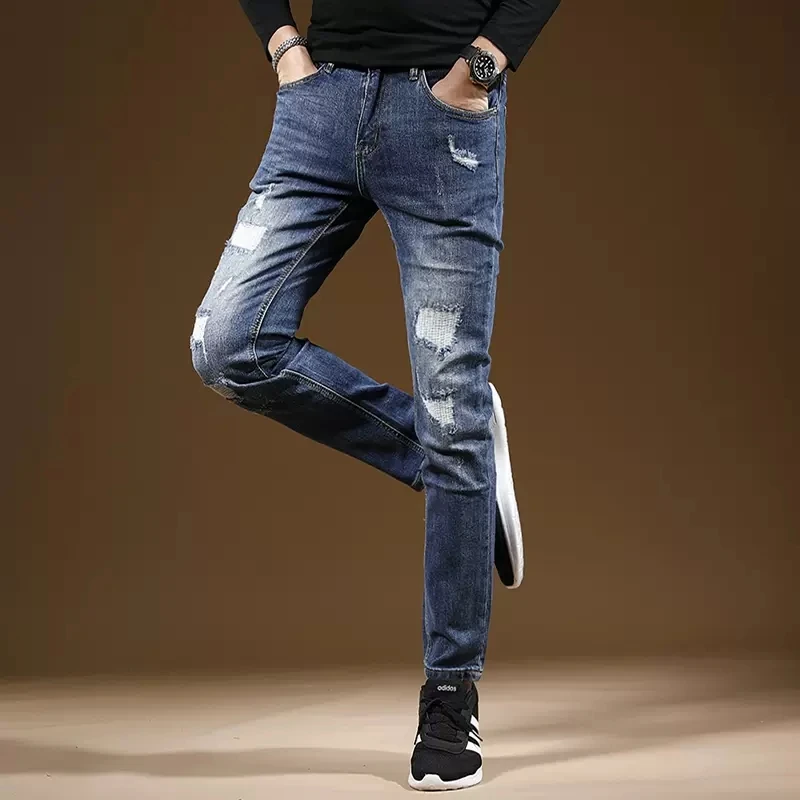 Men Blue Ripped Jeans Autumn Mens Casual Pants Streetwear Fashion Slim Fit Straight Denim Trousers CP1995