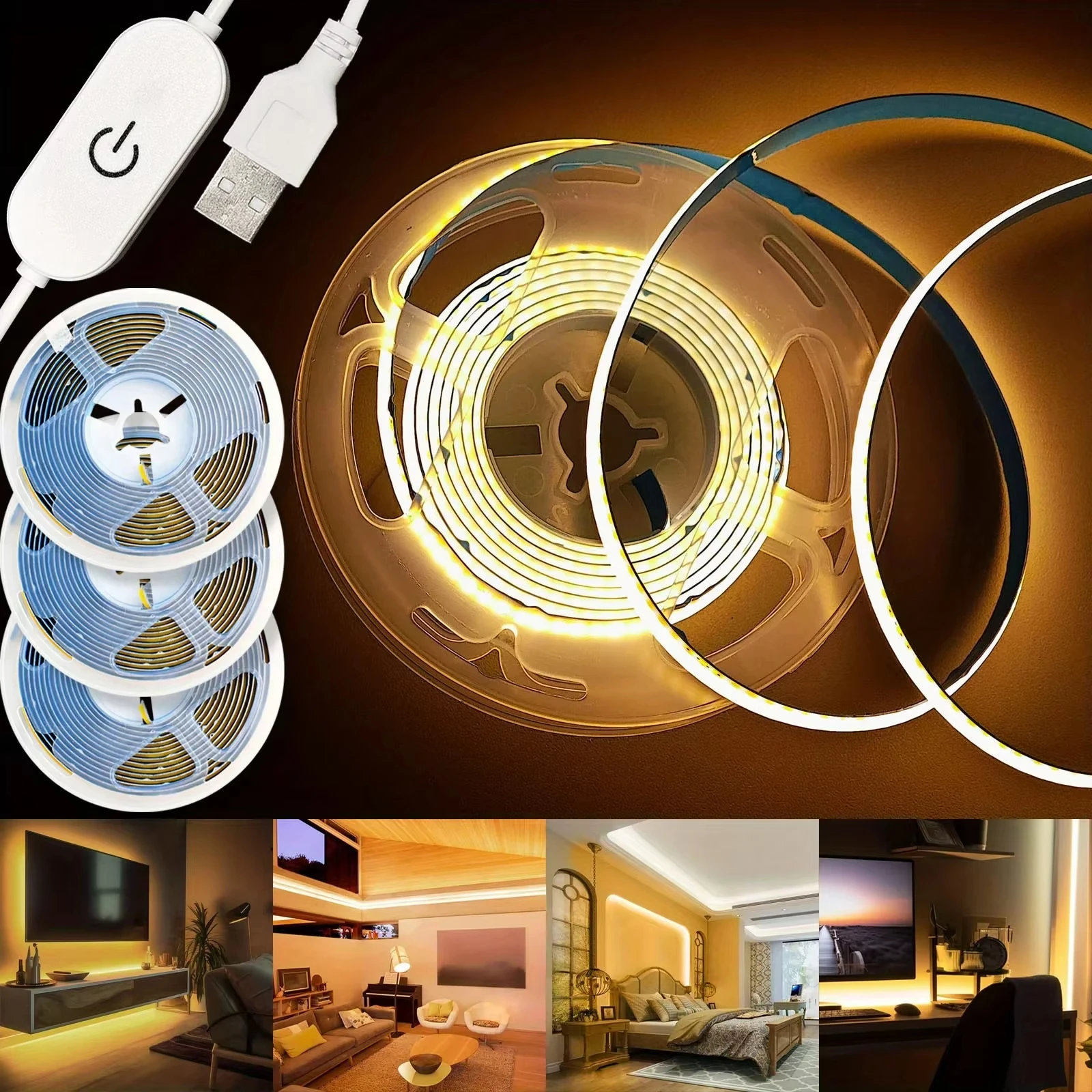 Warm White LED Flexible Light Strip with Touch Control - High Brightness COB 320 LEDs (Available in 1m, 3m, 5m)