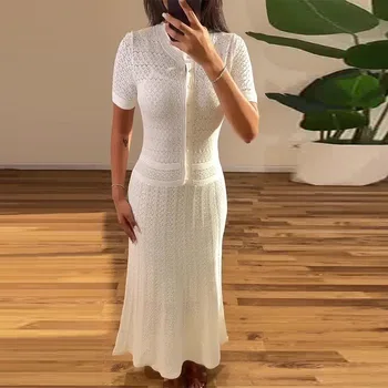 2026 Summer New Women's Knitted Casual Simple Pure White Dress Bandage Long Dresses 1