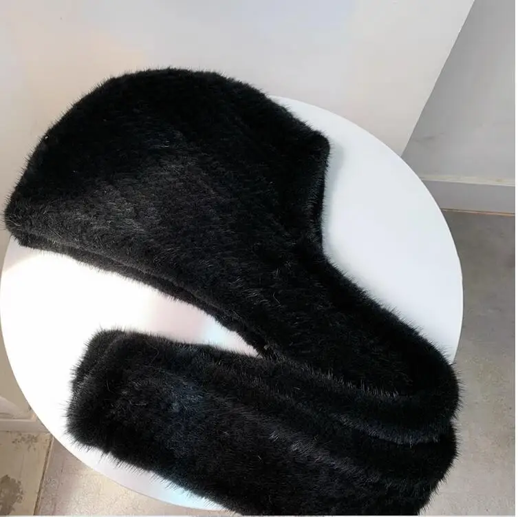Frauen Winter Echt Nerz Gestrickte Hut mit Schal Ein Stück Lange Flauschigen Weichen Schals Mit Kapuze Weibliche Mode Kappen – Detail 8