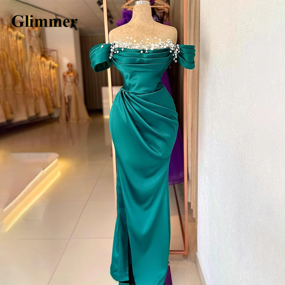 

Glimmer Classic Off The Shoulder Prom Dresses Pearls Trumpet Satin Side Slit Pleat Drop Shipping Vestidos De Festa Customised