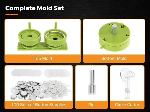 Badge Maker Molds 25mm 32mm 37mm 44mm 58mm Button Maker Machine Interchangeable Die Mold with 100Pcs Button Parts DIY Round Badge Punching Die