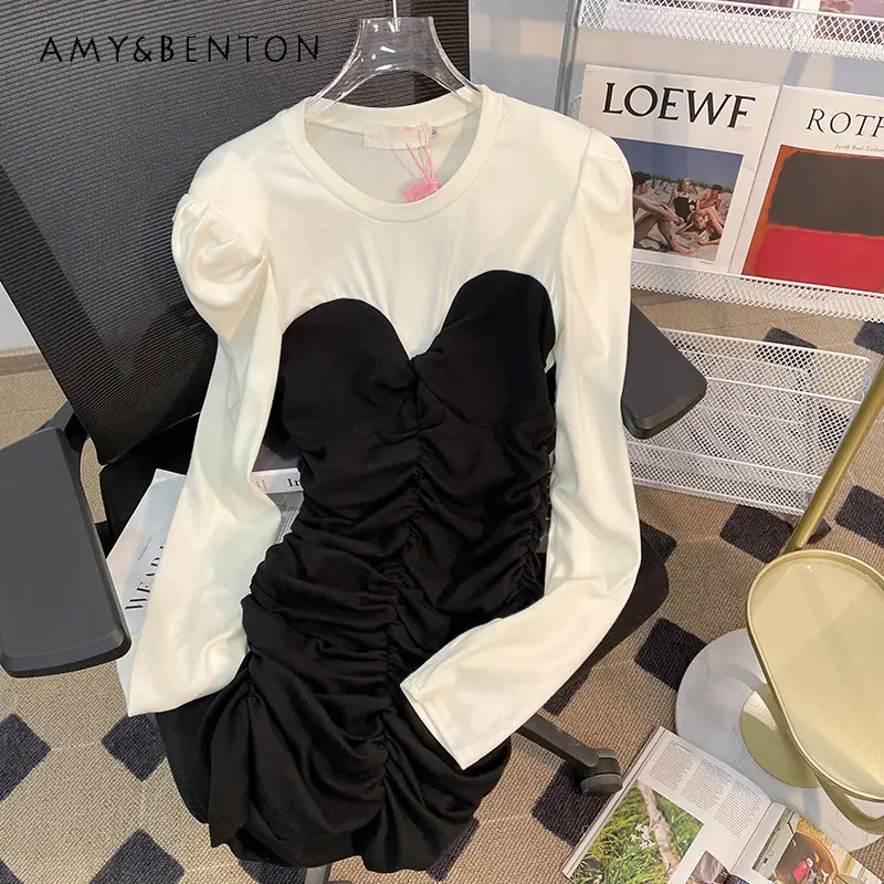 

Korean Style Spring New Bubble Long Sleeve Dress Slim Fit Elegant Stitching Pleated Fake Two-Piece Sheath Dress for Women