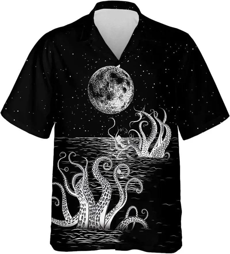 thumbnail image 1 of Camisa de verano para hombre con estampado 3D de pulpo y animales marinos, manga corta, botones de solapa, camisas personalizadas para viajar al trabajo, estilo hawaiano, 1 of 5