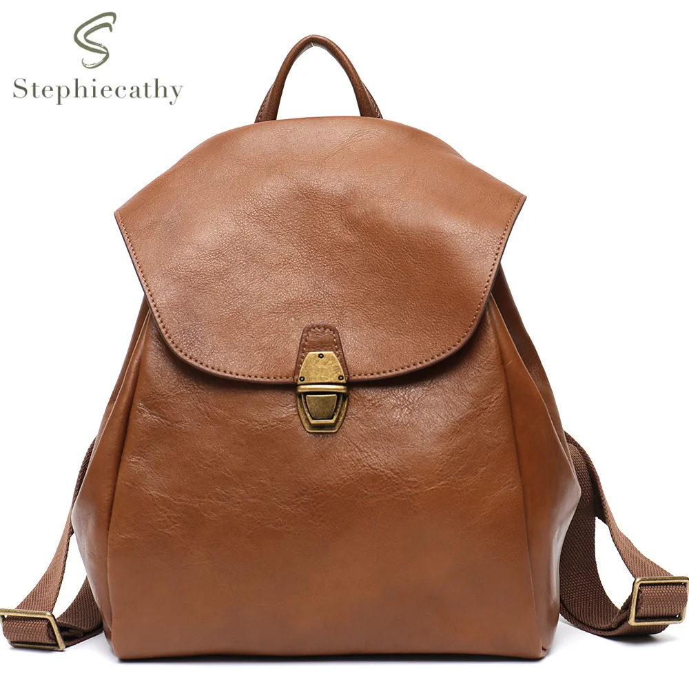 

SC Retro Flap Backpack For Women Genuine Leather Shoulder Bag Female Real Leather Large Travel Laptop Bag School Casual Knapsack