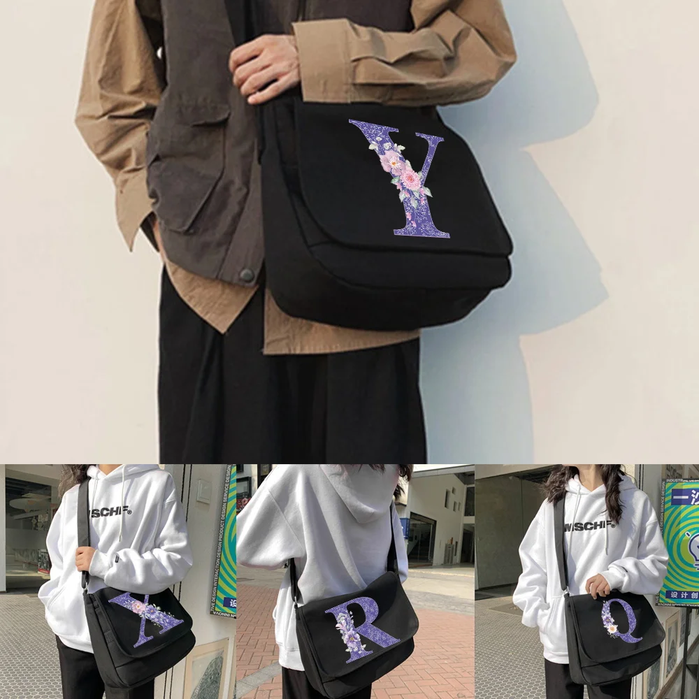 Shoulder Messenger Bags Harajuku Canvas Crossbody Bag Women Japanese Diagonal Pouch Student Envelope Bags Purple Flower Pattern