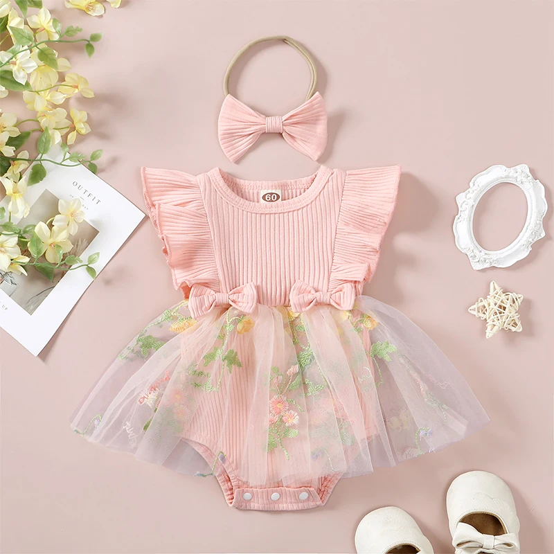 

Baby Girls Rompers Dress Fly Sleeve Flower Embroidery Tulle Skirt Hem Infant Bodysuits Summer Clothes with Headband