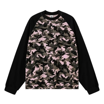 T-shirt Unisex Oversize in Maglia Waffle con Inserti Mimetici, Maniche Raglan, Stile Streetwear, per Coppia