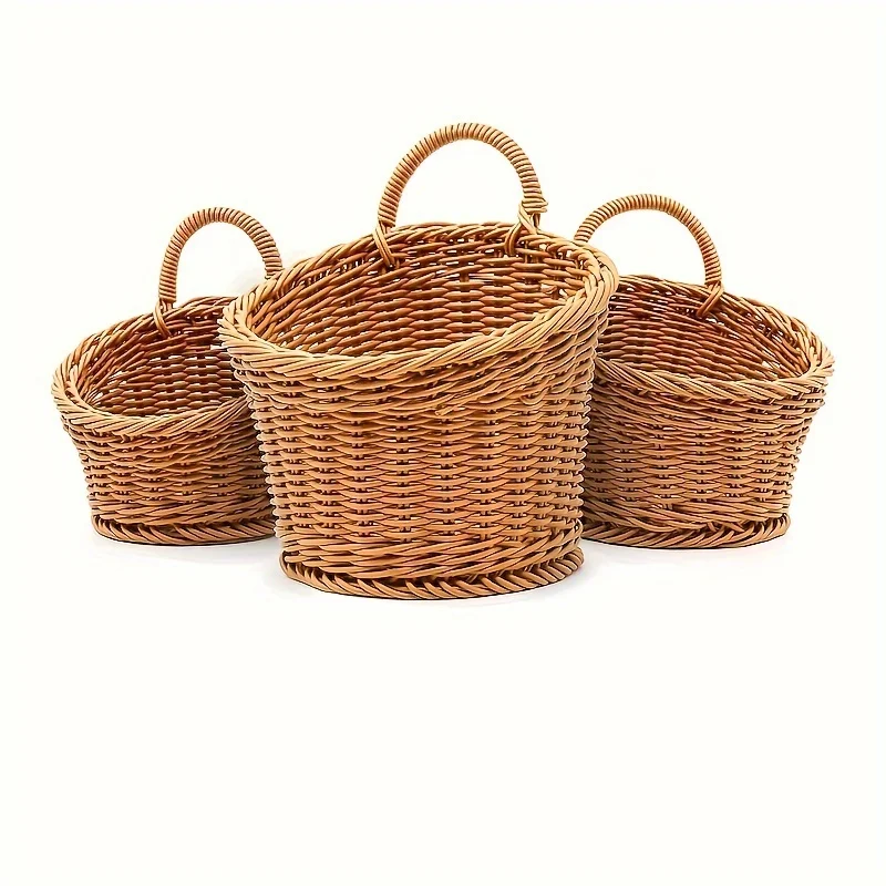 3 pieces of bamboo-like wall-mounted storage baskets, plastic woven hanging baskets, multi-functional sundries containers 5
