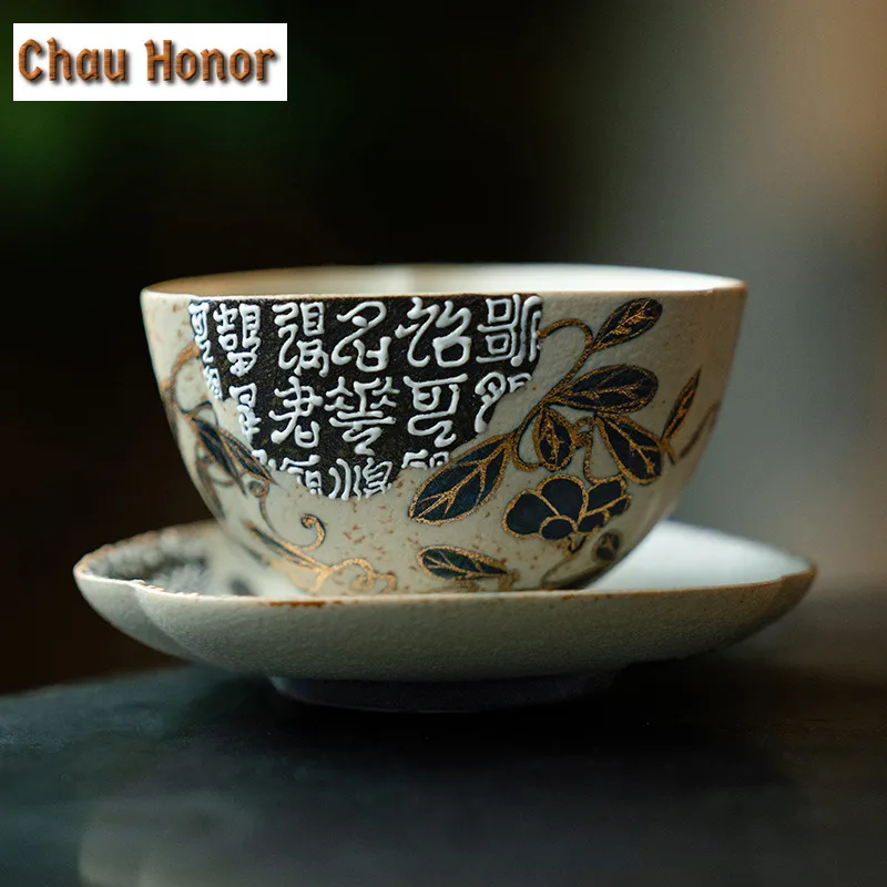 100ML Blue And White Flint Red Teacup Japanese Gold Drawing Branch Lotus Tea Bowl With Saucer Meditation Cup Coffee Mug Teaware