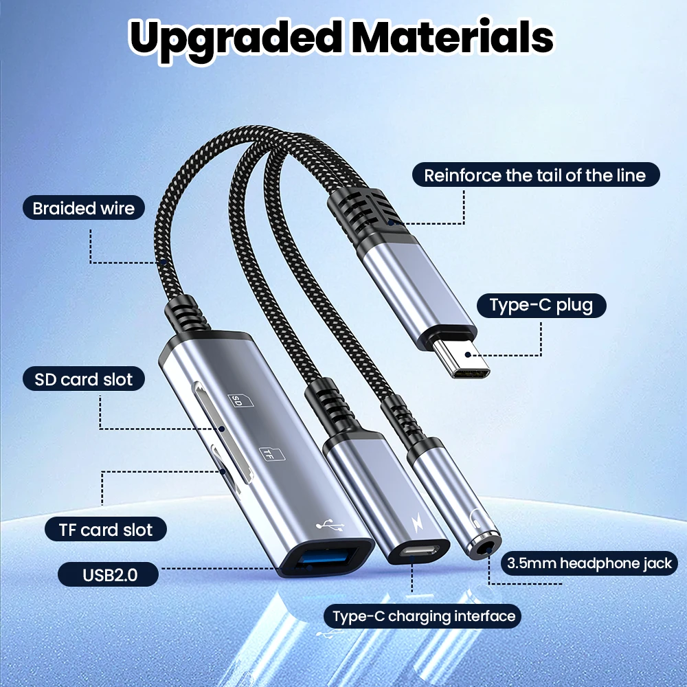 5-in-1 타입 C 어댑터 타입 C to USB C 충전/3.5mm/SD TF USB2.0 카드 리더 어댑터 케이블 아이폰 15 16 삼성용 고속