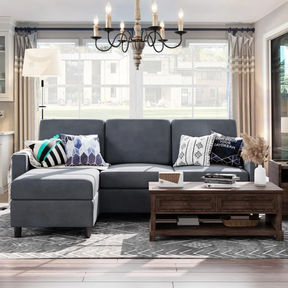 

Modern Linen Fabric L-Shaped Sofa 3-Seat Sofa Sectional With Reversible Chaise for Living Room Apartment and Small Space Sofas