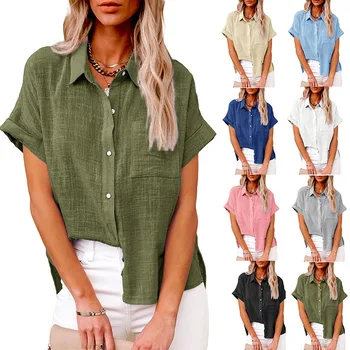 Summer Women Flax Linen Pocket Blouse Shirts Casual Short Sleeve OL Workout Loose Blouse Tops LRFZ-6022 1