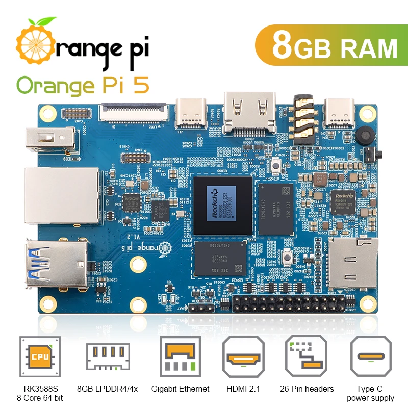 Pomarańczowy Pi 5 8GB RK3588S, moduł PCIE zewnętrzny WiFi + BT, dysk SSD Gigabit Ethernet komputer jednopłytkowy, uruchom system operacyjny Android Debian