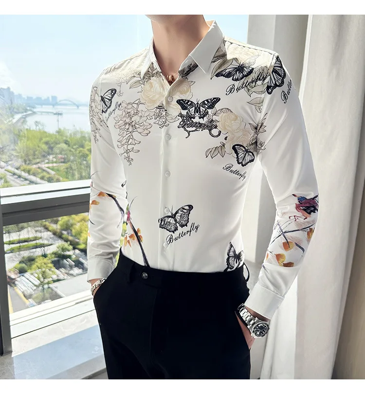 Men's Luxury Design Dress Shirt Long Sleeve Button Down Printed Shirt for Party Prom Wedding Shirt