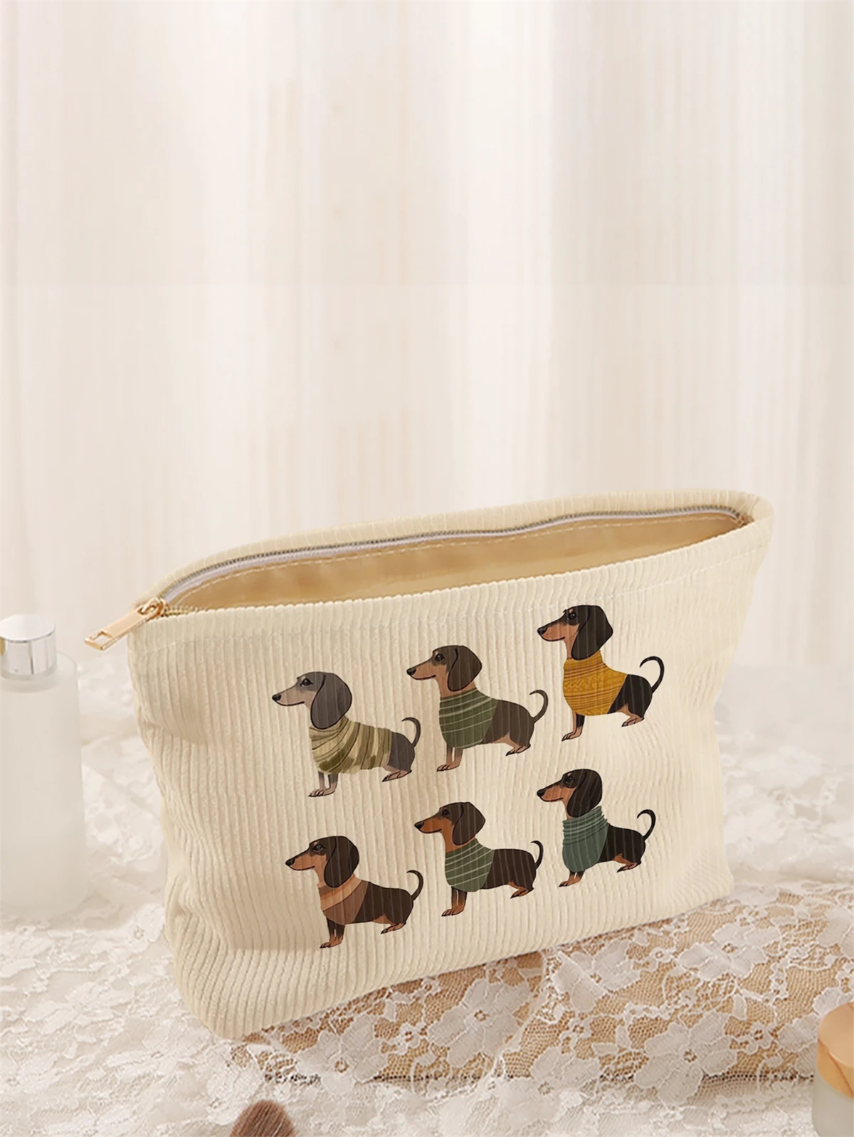1pc cartoon dog pattern printed corduroy makeup bag, lightweight zipper makeup storage box, multifunctional bag with lining