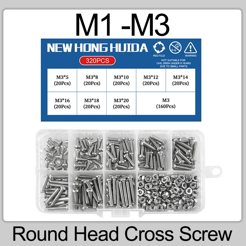 

M1 M1.2 M1.4 M1.6 M2.5 M3 Phillips Round Head Cross Screw 304 Stainless Steel Bolt Box Set Small Machine Screw Assortment Kit