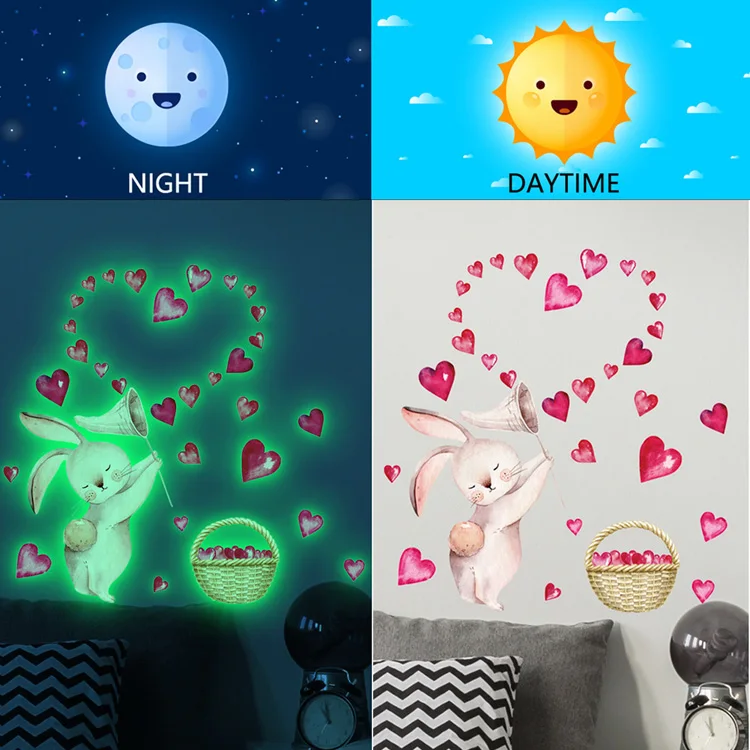 Description Picture 3 of itemCartoon Rabbit Heart Luminous Wall Sticker Kids Room Bedroom For Home Decoration Decals Glow In The Dark Self-adhesive Stickers