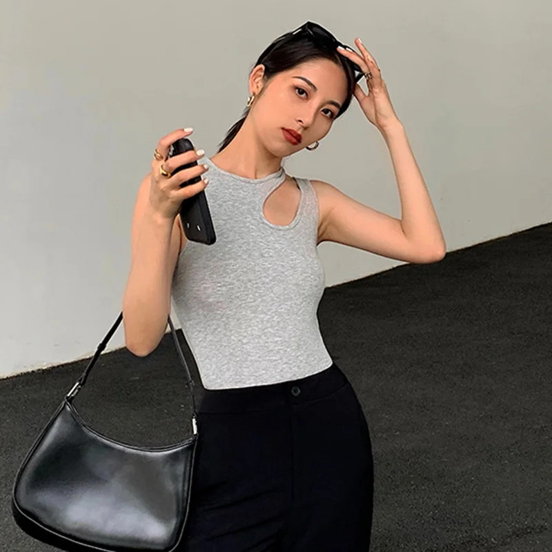 Casual y2k White Cut Out Women's T Shirt Round Neck Sleeveless Slim T Shirts Female Clothing 2022 Summer Fashion crop top women