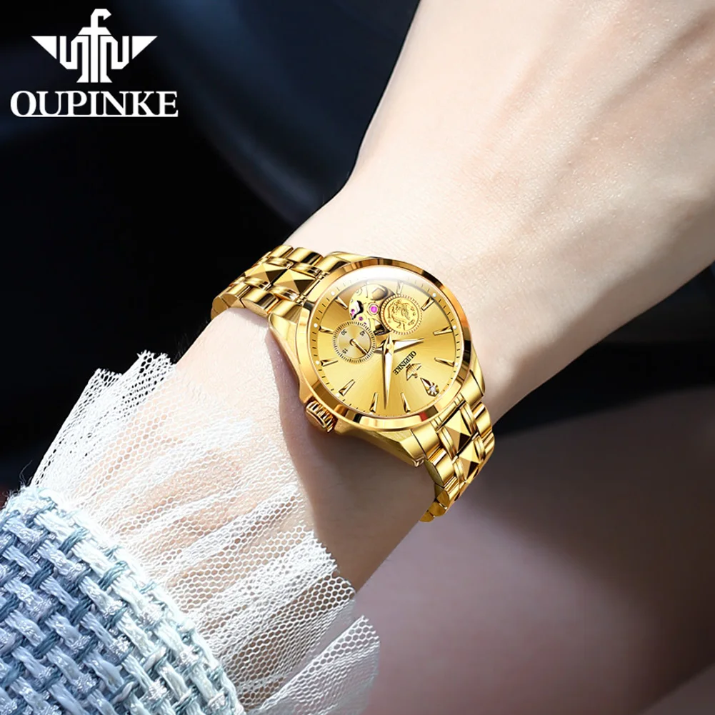 OUPINKE 3260 Real Diamond Real Gold Women Watch Top Luxury Brand Watches Tungsten steel Strap Luminous Ladies Wristwatch Set 3