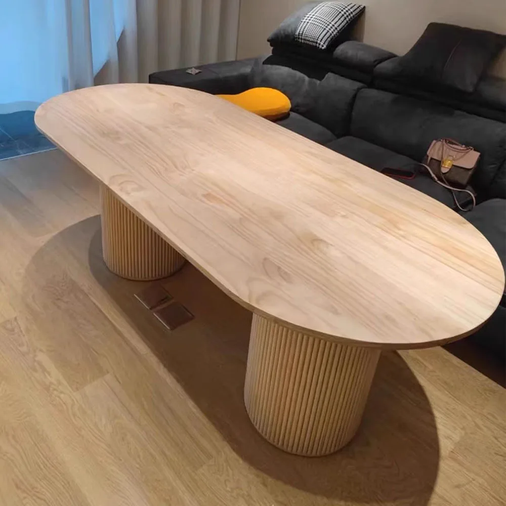 Solid Wood Oval Roman Pillar Dining Table Designer Living Room Creative Personality round Coffee Table for Apartment