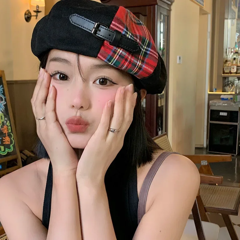 Children Beret Korean Version Fashionable Belt Buckle Color Matching Spring/Summer Retro British Plaid