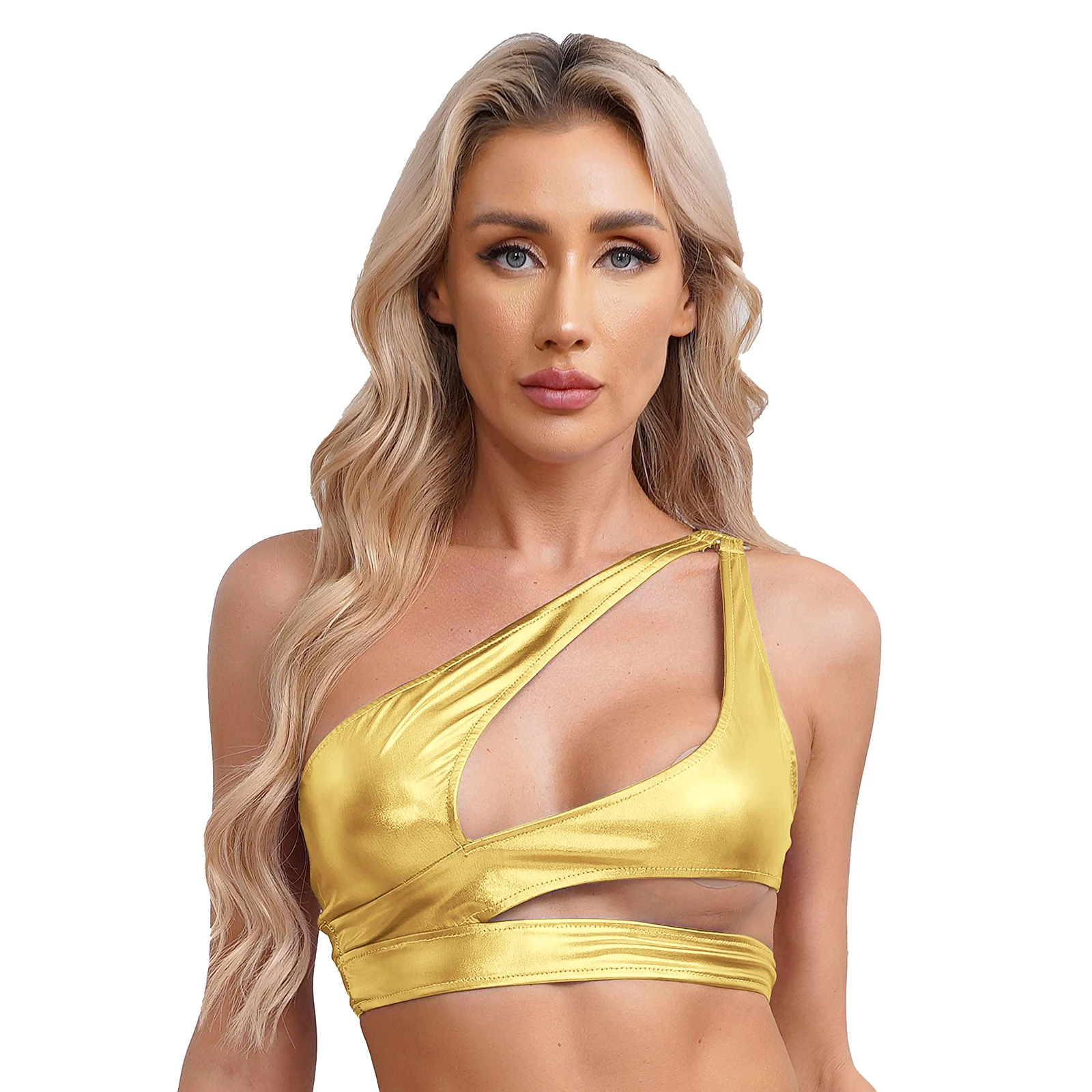 

Womens Metallic Shiny One Shoulder Crop Top Sleeveless Cutout O-ring Bodycon Vest Tank Top for Disco Club Dancing Party