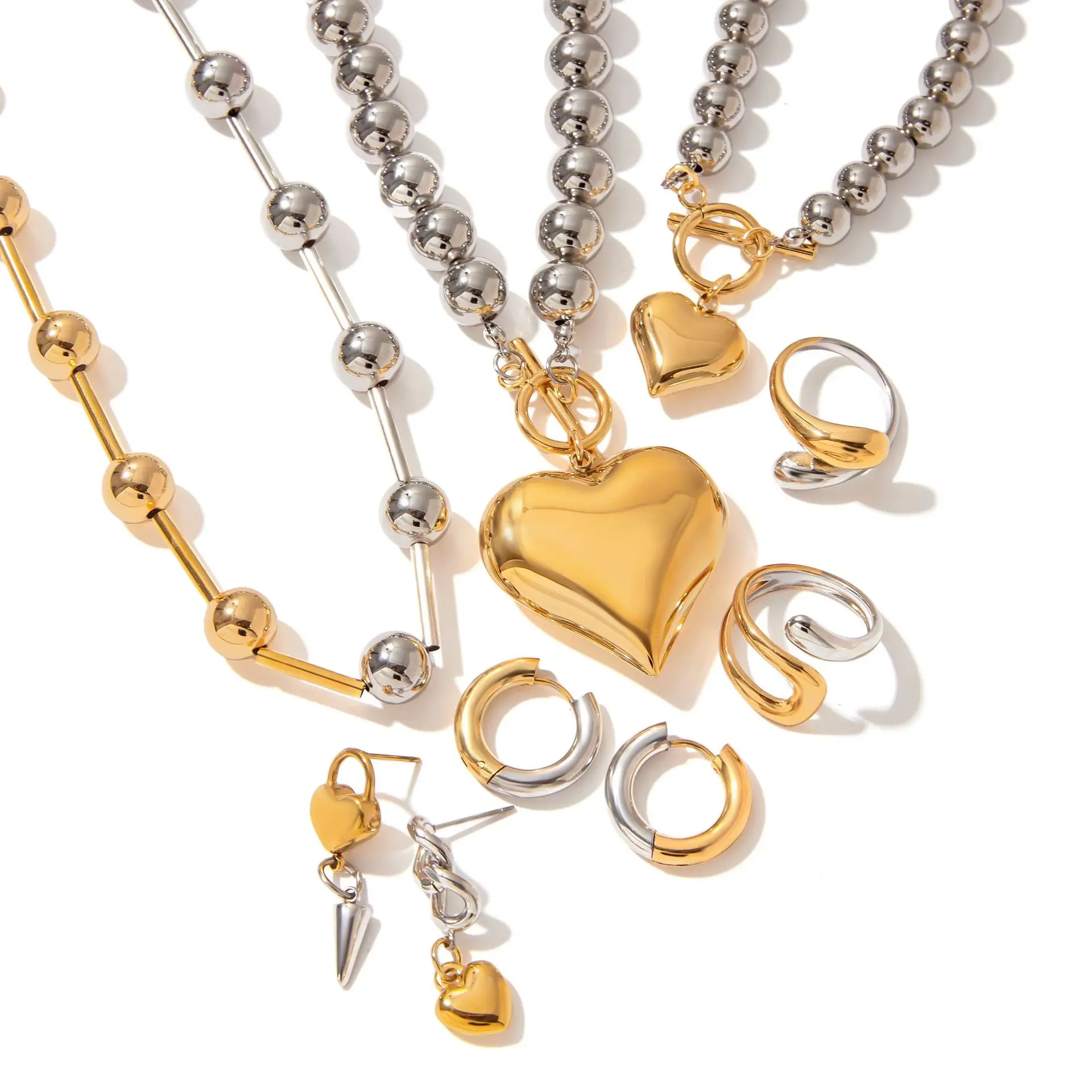 Yori Popular Stainless Steel Heart-Shaped Ring Earrings Necklace Set 18K Golden Plated Daily Jewelry Accessories Set 5