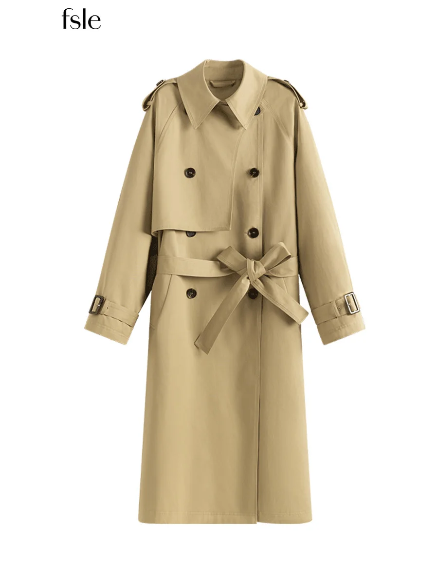 

FSLE 100% Cotton Khaki Long Women Trench Coat Autumn Winter Turn Down Collar Women Clothes Causal Full Sleeve Belt Trench