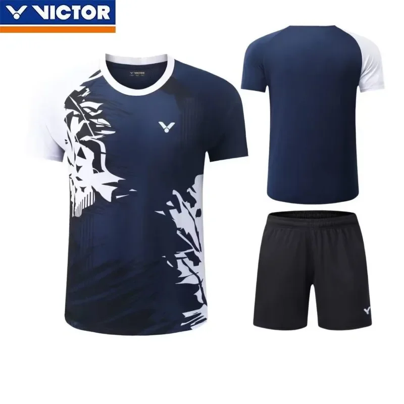 Victor New Men's and Women's Same Badminton Jersey Sports Breathable Short-sleeved T-shirt with Short Suit