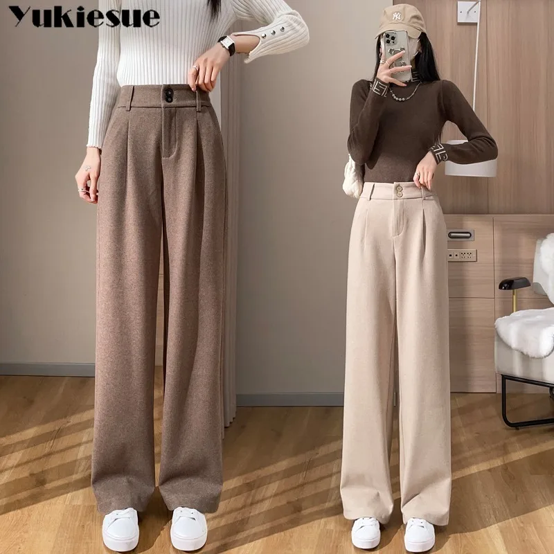 fleece lined Wide-leg Pants Women Fall Winter New Elastic High-waisted  Trousers Female Thick Slim Fit Straight Pant