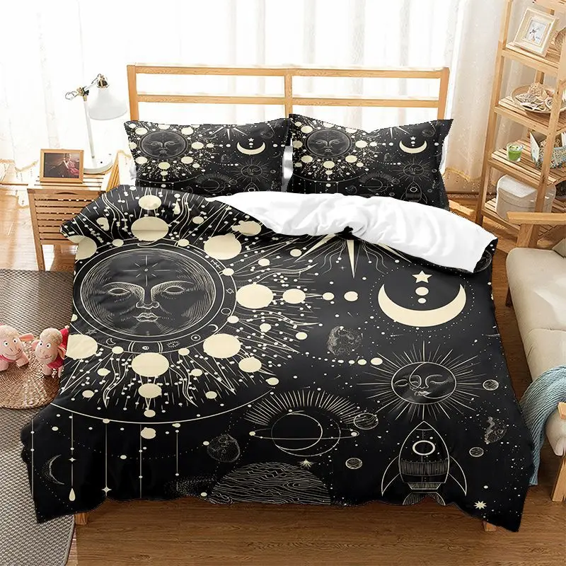 

Sun and Moon Duvet Cover Set King/Queen Size Boho Exotic Bedding Set Galaxy Astrology Geometry Soft Polyester Quilt Cover Black